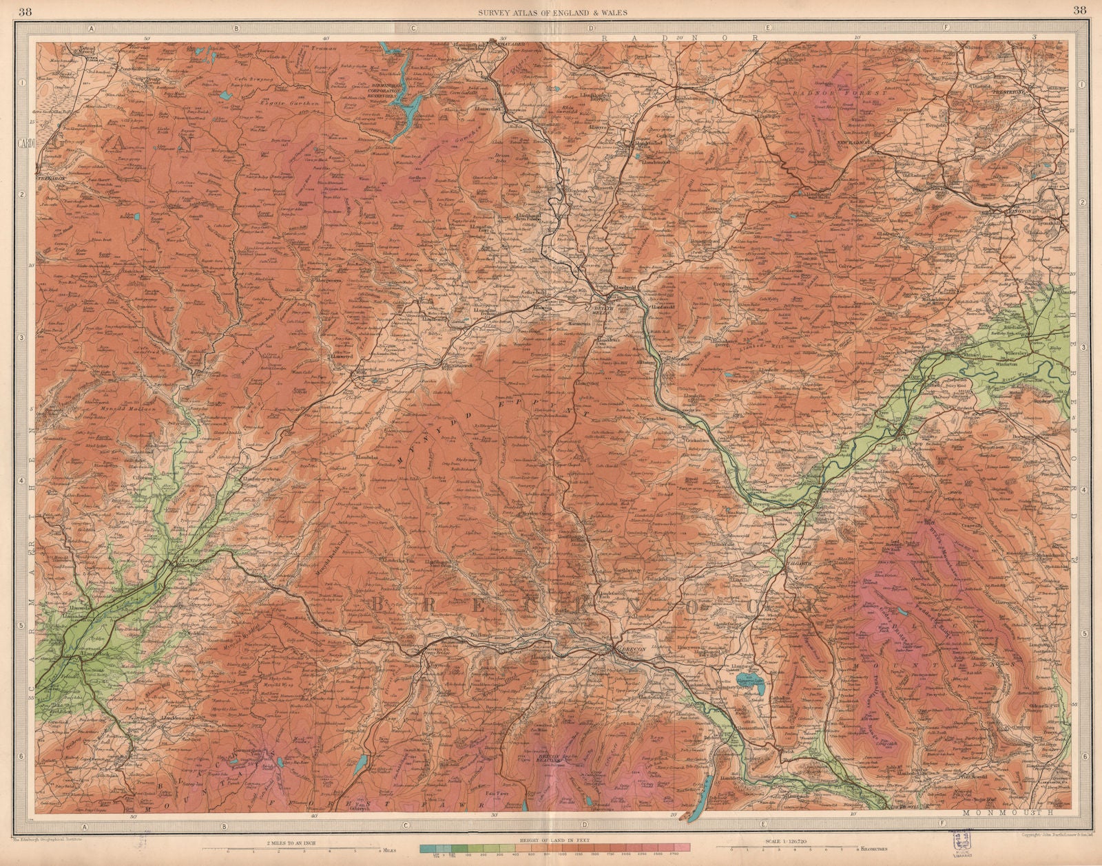 BRECKNOCKSHIRE. Brecon Beacons Hay-on-Wye Usk Llandovery Black Mtns 1939 map